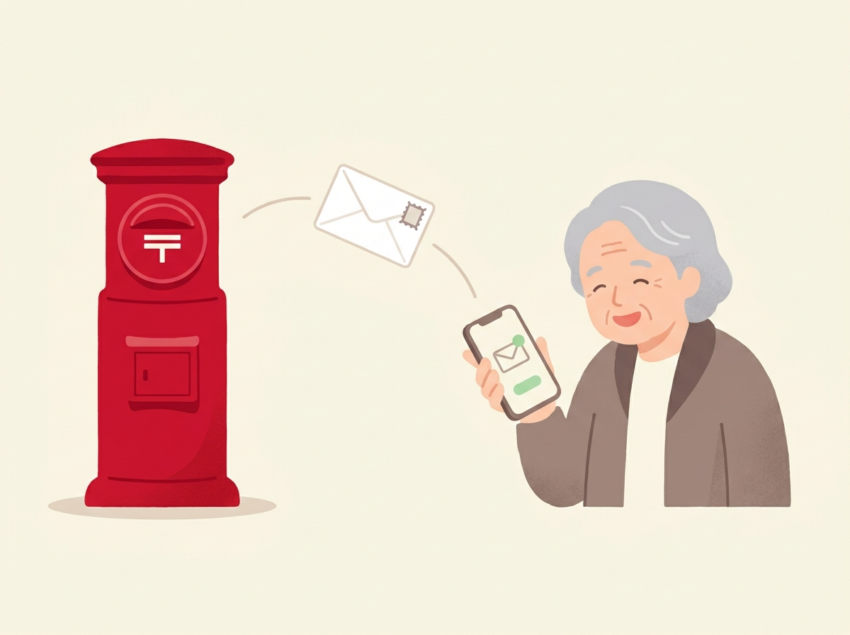 赤いポストから手紙が出てスマホに届いている様子