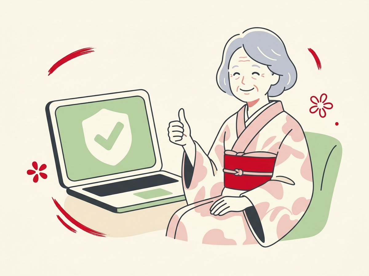 シニアの女性が安心した笑顔で完了マークが表示されている